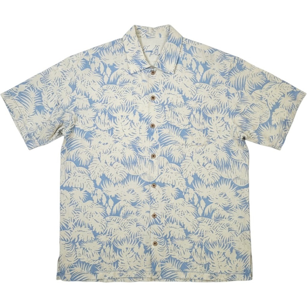 Tommy Bahama Linen Silk Camp Shirt Mens L Blue Palm Leaf Tropical Aloha Resort